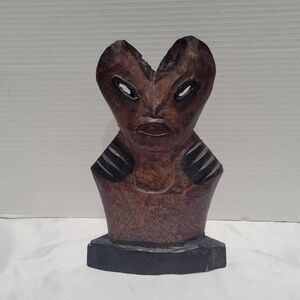 Vintage Brutalist MCM African Tribal Art Wood Bust Heart Shape Head